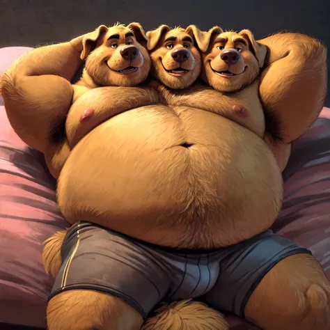 solo, golden retriever, three identical heads on one body, yellow fur, bald, beards, golden retriever ears, masculine, necks, (eyes), adult, male, 50 years old, (stylized 3d, by disney, by rembrandt, by pixar, by dramamine), (overweight, fat, obese, big be...