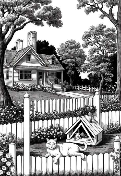 black and white, line art, cartoon character, 3d style, high-quality, coloring book, hand-draw, , Tranquil Farmhouse: A charming farmhouse with a picket fence, a large oak tree with a tire swing, flowers blooming in the garden, and a cat lounging on the po...