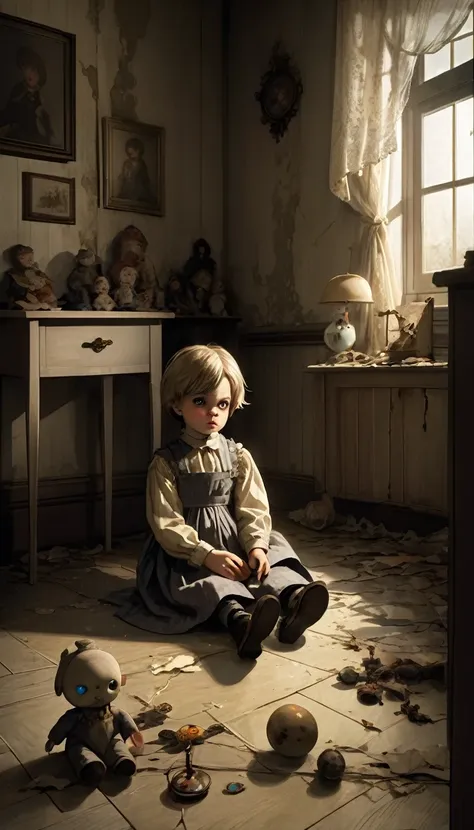 "a young boy with an innocent yet curious expression, sitting on the floor of a dimly lit room. he is holding a creepy, old doll...