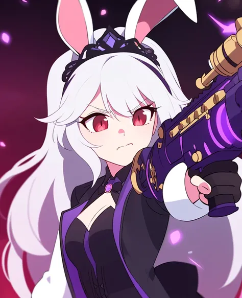 Make me a RWBY OC. She is a bunny faunus girl. Her weapon being these purple machine guns. Shes shy and quiet, but gets angry and hot-blooded in battle. She has long white hair and red eyes. Draw in RWBY Ice Queendom artstyle. She wears a dark and purple s...