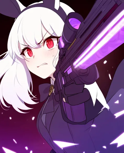 Make me a RWBY OC. She is a bunny faunus girl. Her weapon being these purple machine guns. Shes shy and quiet, but gets angry and hot-blooded in battle. She has long white hair and red eyes. Draw in RWBY Ice Queendom artstyle. She wears a dark and purple s...