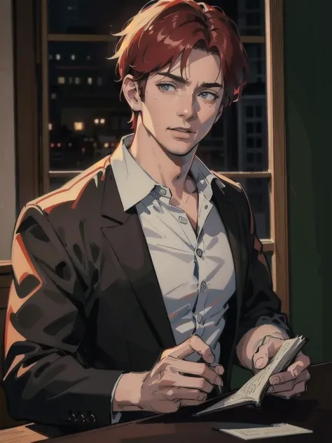 a 40 year old man ((red short hair:1.0)), grey eyes, moles all over the face, wearing an official uniform, masculinity, teacher, (best quality,4k,8k,highres,masterpiece:1.2),ultra-detailed,(realistic,photorealistic,photo-realistic:1.37),cinematic lighting,...