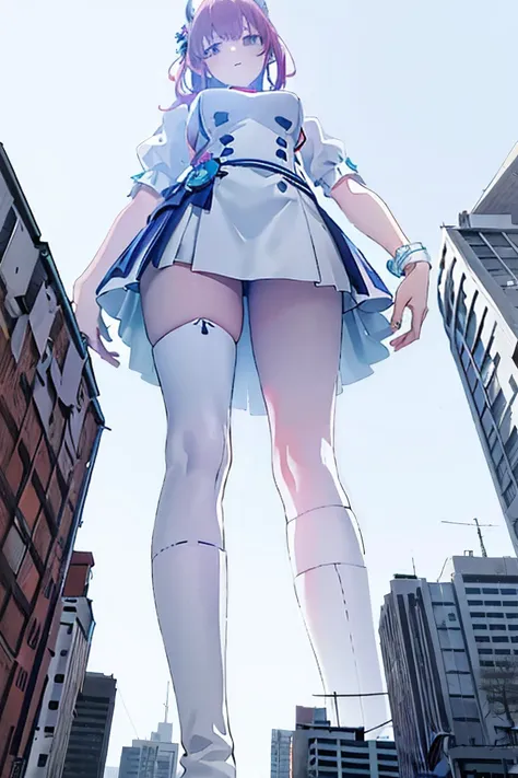 Girl taller than the building，from below, round and large eyes、tallgts,giantess，Full body photo，BuildingSeat, white uniform，Big breasts，pencil skirts，，white boots，cleveage of the breast、a miniskirt、Modern miniature buildings、top-quality、Watercolor style、st...