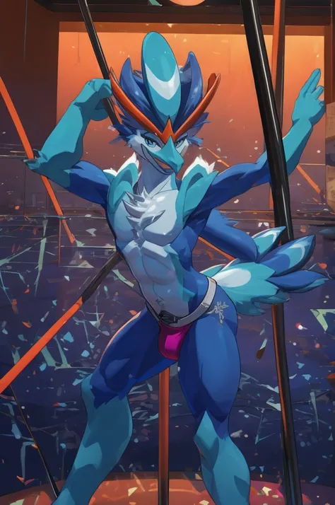 ,full-body-shot:1), (highly detailed:1.2),(detailed face:1.2), ,, ((portrait)), (dynamic pose:1.2), male quaquaval, Pokémon, furry Bird, anthro , wavy long blue hair , sexy slutty male, femboy, pole dancing, bulge on jockstrap , slutty dancer, Lascivious l...