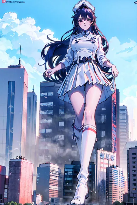 Girl taller than the building，from below, round and large eyes、tallgts,giantess，Full body photo，BuildingSeat, white uniform，Big breasts，pencil skirts，，white boots，cleveage of the breast、a miniskirt、Modern miniature buildings、top-quality、Watercolor style、st...