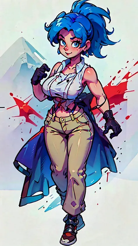 A tall woman, sexy, big breast, beautiful, happy, short bright blue hair, orange eyes, wearing a white sleeveless button-down shirt, showing her navel, and dark blue pants underneath, wearing a red kitten heel.