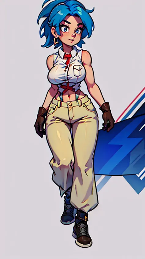 a tall woman, sexy, big breast, beautiful, happy, short bright blue hair, orange eyes, wearing a white sleeveless button-down sh...