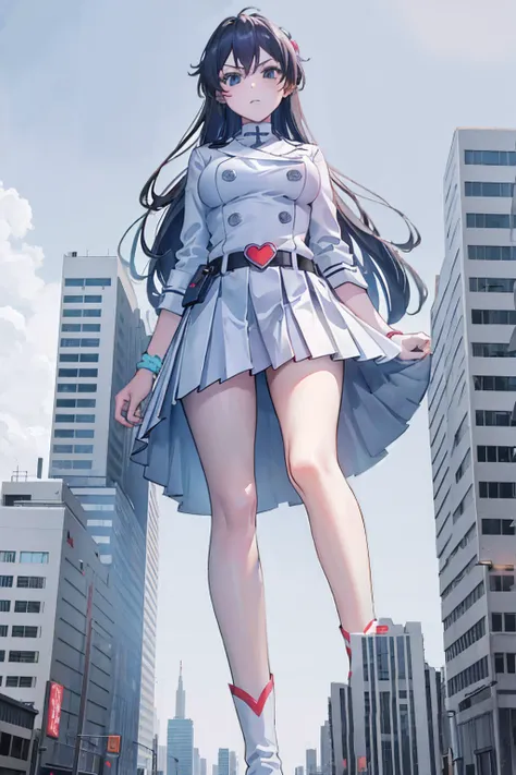 Girl taller than the building，from below, round and large eyes、tallgts,giantess，Full body photo，BuildingSeat, white uniform，Big breasts，pencil skirts，，white boots，cleveage of the breast、a miniskirt、Modern miniature buildings、top-quality、Watercolor style、st...