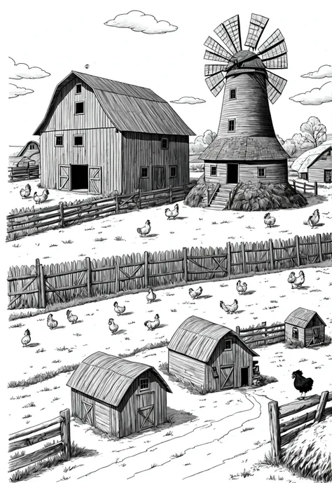 black and white, line art, cartoon character, 3d style, high-quality, coloring book, hand-draw, Rustic Barn: A classic barn with hay bales inside, a windmill in the background turning in the breeze, chickens pecking on the ground, and a rooster crowing on ...