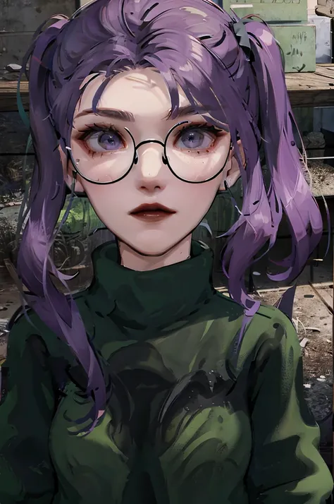 1girl, purple hair, green coat, black jeans, mountain in background, wearing glasses, beautiful masterpiece, perfection, side-view pov