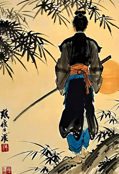 Back View, Samurai silhouette, big sunset, Chinese ink painting, traditional media, liujiyou