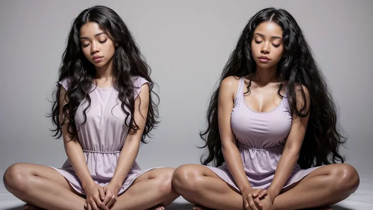 A young black woman with long, very curly, voluminous black power hair, in a meditation position with her eyes closed and her hands in a prayer position. She is wearing a light lilac dress. The image should be a full-body shot in a meditation position, ver...