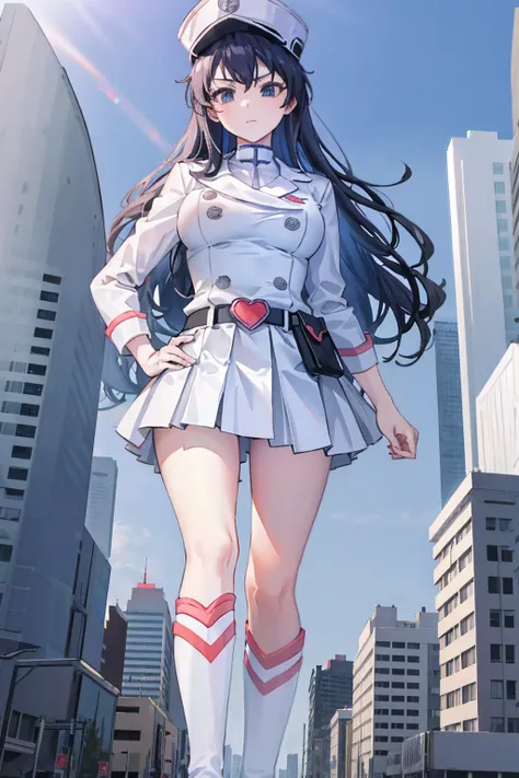 Girl taller than the building，from below, round and large eyes、tallgts,giantess，Full body photo，BuildingSeat, white uniform，Big breasts，pencil skirts，，white boots，cleveage of the breast、a miniskirt、Modern miniature buildings、top-quality、Watercolor style、st...