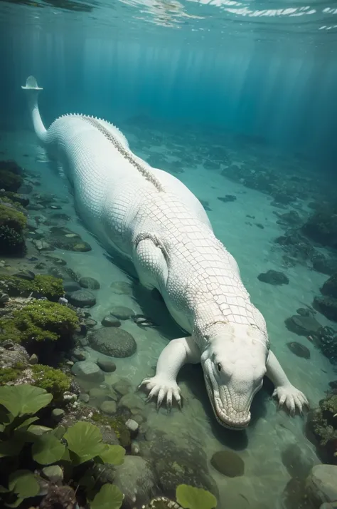 Photo of river underwater with albino alligator