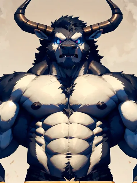 Minotaur, solo, muscular, perfect_eyes, perfect_face, abs, big_chest,wide_body, muscular_arms, winter, snowforest_background, solo, minotaur, theets, angry, half_body, close_up, low_angle, manly, man, muscular, brown_horns, big_eyes, orange_eyes, glowing_e...