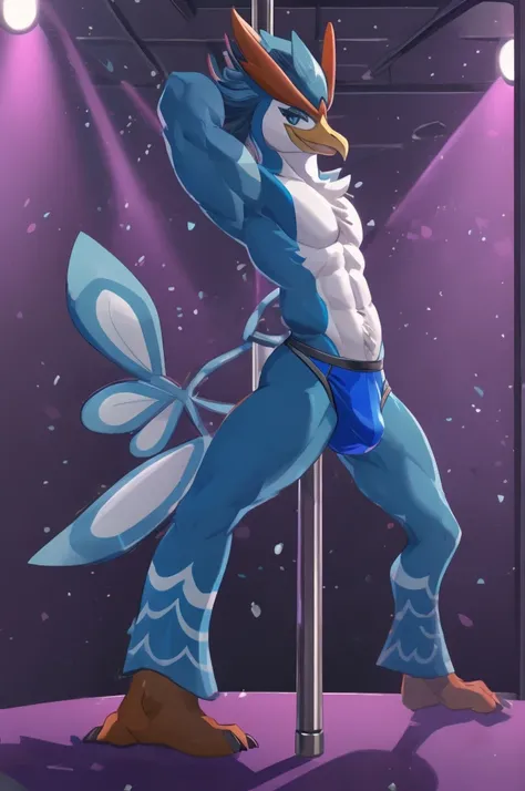 ,full-body-shot:1), (highly detailed:1.2),(detailed face:1.2), ,, ((portrait)), (dynamic pose:1.2), male quaquaval, Pokémon, furry Bird, anthro , wavy long blue hair , sexy slutty male, femboy, pole dancing, bulge on jockstrap , slutty dancer, Lascivious l...