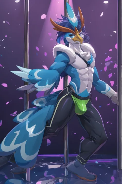 ,full-body-shot:1), (highly detailed:1.2),(detailed face:1.2), ,, ((portrait)), (dynamic pose:1.2), male quaquaval, Pokémon, furry Bird, anthro , wavy long blue hair , sexy slutty male, femboy, pole dancing, bulge on jockstrap , slutty dancer, Lascivious l...