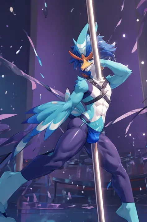 ,full-body-shot:1), (highly detailed:1.2),(detailed face:1.2), ,, ((portrait)), (dynamic pose:1.2), male quaquaval, Pokémon, furry Bird, anthro , wavy long blue hair , sexy slutty male, femboy, pole dancing, bulge on jockstrap , slutty dancer, Lascivious l...