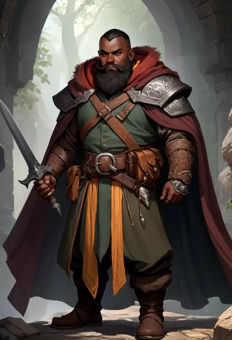 male dwarf. dark skin. black beard. ear piercing. dagger in hands. D&D rogue-style cloak