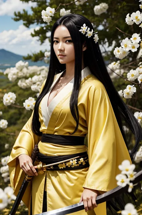 Capture of Demon Slayer anime woman with long black hair, brown eyes, yellow kimono with white flowers and white katana with a golden handle and a landscape in the background
