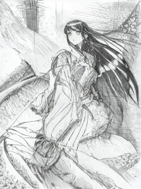 drawing of a woman with a basket of flowers in her hand, inspired por Jin Homura, por Jin Homura, inspirado em Tsubasa Nakai, inspirado em Rei Kamoi, Ikki Tousen, pencil and ink manga drawing, inspirado em Kamisaka Sekka, anime sketch, inspirado em Tomioka...