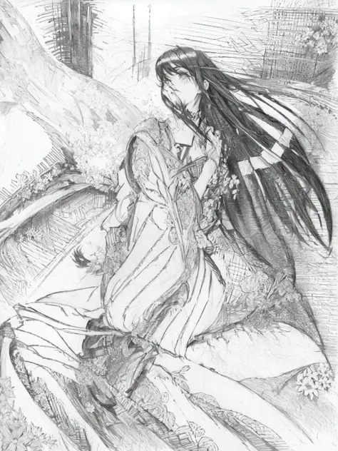 drawing of a woman with a basket of flowers in her hand, inspired por Jin Homura, por Jin Homura, inspirado em Tsubasa Nakai, inspirado em Rei Kamoi, Ikki Tousen, pencil and ink manga drawing, inspirado em Kamisaka Sekka, anime sketch, inspirado em Tomioka...