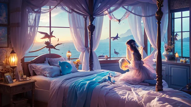 fantasy art image: beautiful magical mystical celestial girls bedroom. A young pretty girl in nightwear sits on her four poster bed cuddling a soft toy looking out at a realistic mythical pretty creature flying by the open window over the sea. bed is drape...