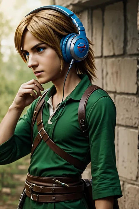 Link character from the Legend of Zelda with headphones 