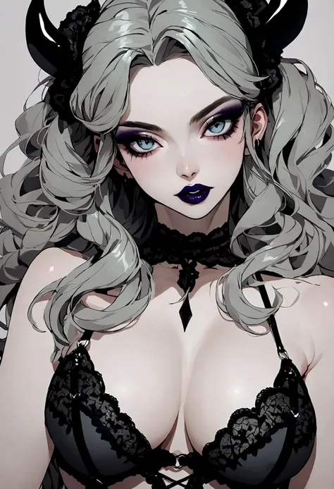 Create an image of the most stunningly gorgeous beautiful perfect sexy demon girl , high detailed sexy stunning face, perfect makeup, large lips, lipstick,beautiful perfect body, lace bdsm lingerie , dutch hair, 