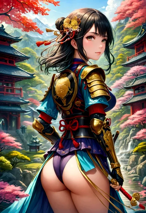 a picture of Japanese female knight, she has long black hair, wearing samurai armor, armed with a katana, ready for battle, ((shot taken from the back)), Japanese fantasy art, (Masterpiece: 1.5), 16k, highres, best quality, high details, ultra detailed, ma...