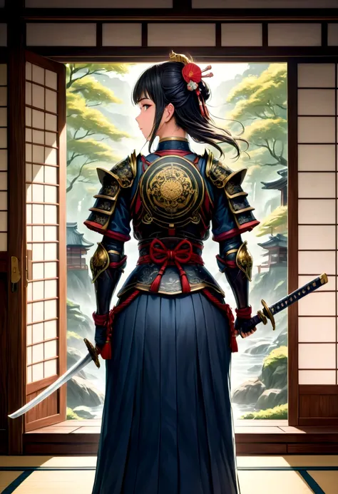 a picture of Japanese female knight, she has long black hair, wearing samurai armor, armed with a katana, ready for battle, ((shot taken from the back)), Japanese fantasy art, (Masterpiece: 1.5), 16k, highres, best quality, high details, ultra detailed, ma...