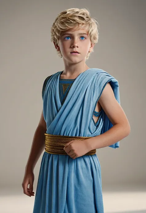 Cameron crovetti look-alike, 10 year old, ancient greece clothing, neutral background, blue eyes, blonde, short hair, boy, son of Zeus, cinematic lighting, unreal engine 5, cinematic color grading, 32k, super resolution, global illumination, photoshoot, dy...