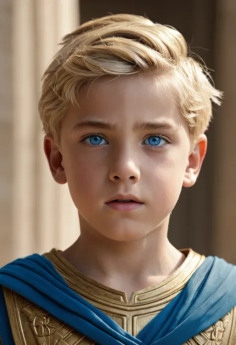 Cameron crovetti look-alike, 10 year old, ancient greece clothing, neutral background, blue eyes, blonde, short hair, boy, son of Zeus, cinematic lighting, unreal engine 5, cinematic color grading, 32k, super resolution, global illumination, photoshoot, dy...