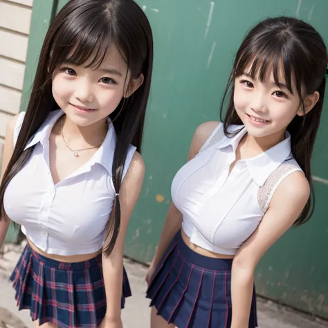 (high quality)、(high resolution)、Two elementary school students、Looking at me with a smile、whole body、Big Breasts、Sleeveless shirt with buttons and collar、mini skirt、Angle from below、Mouth open and out of breath、Sexy pose