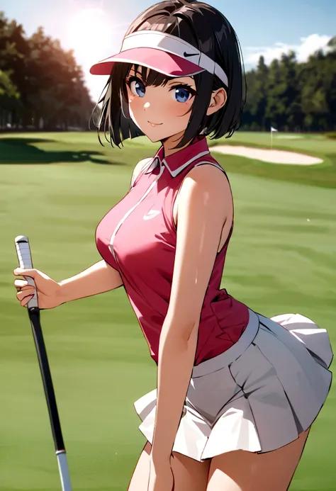 sound　high resolution　8k beauty　Woman playing golf　Golf course　Beautiful woman　Bobcut　Black Hair　　Golf Wear　mini skirt　smile　　looking at the camera　nice shot　No sleeve　Sun visor