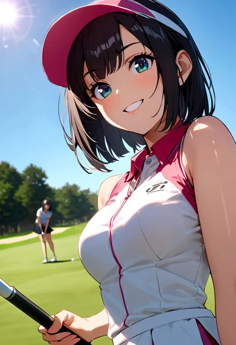 sound　high resolution　8k beauty　Woman playing golf　Golf course　Beautiful woman　Bobcut　Black Hair　　Golf Wear　mini skirt　smile　　looking at the camera　nice shot　No sleeve　Sun visor