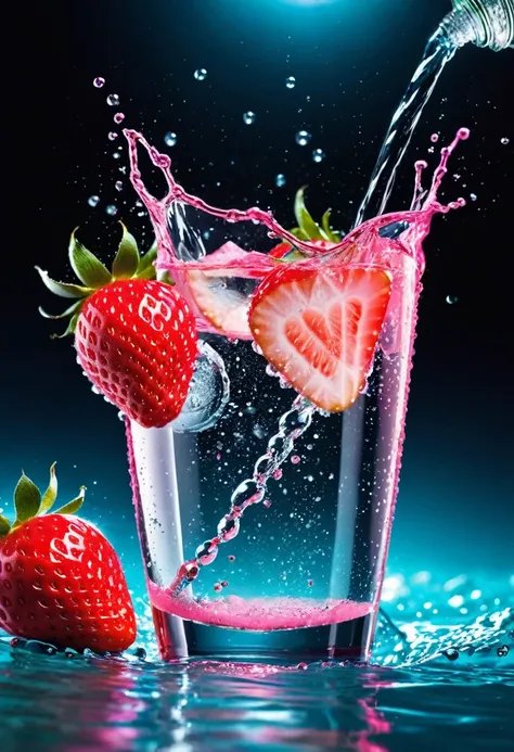 refrescante, fresa brillante vibrante, flotando en el agua,  dew drops, pink lighting, brilla en el agua, refrescante  , in the style of a product hero filmed in motion, dynamic magazine advertisement image, photorealism, fondo de agua que fluye, luz solar...