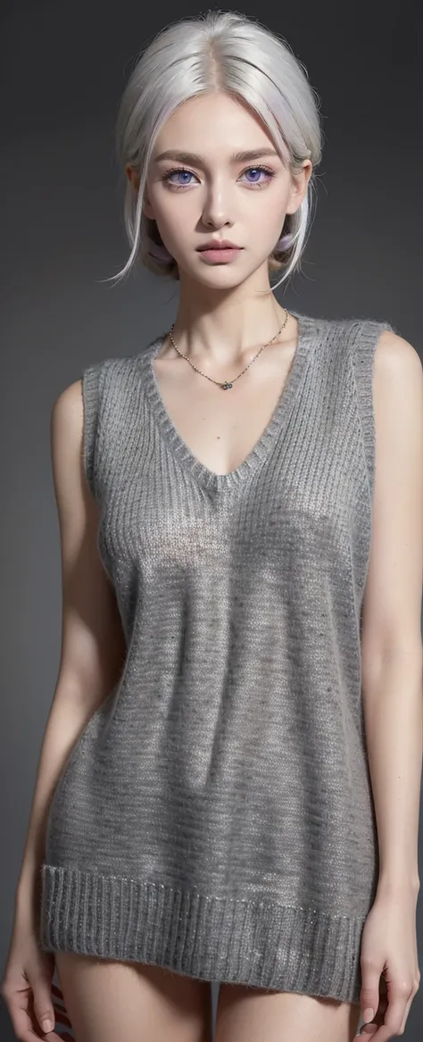 ((best quality)), ((masterpiece)), ((best quality)), ((masterpiece)), ((detailed)), Ridiculous resolution, high resolution, (masterpiece:1.4), Hyper-detailing, a young european woman. Necklace. ((Sleeveless wool v-neck dark grey sweater)). Blank background...