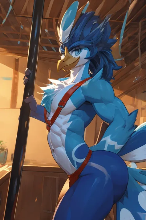 ,full-body-shot:1), (highly detailed:1.2),(detailed face:1.2), ,, ((portrait)), (dynamic pose:1.2), male quaquaval, Pokémon, furry Bird, anthro , wavy long blue hair , sexy slutty male, femboy, pole dancing, bulge on jockstrap , slutty dancer, Lascivious l...