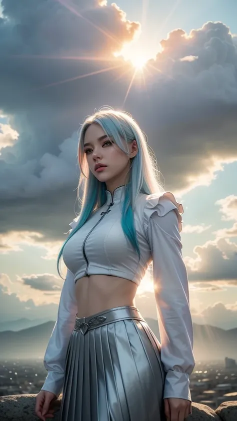 (masterpiece), the best quality, reflection light, Ultra-Wide Angle, beautiful Cloudy sky, girl, platinum blonde hair with light blue tips, multicolored hair, colored inner hair, full details white long sleeve crop top, pleated skirt, hourglass body shape,...