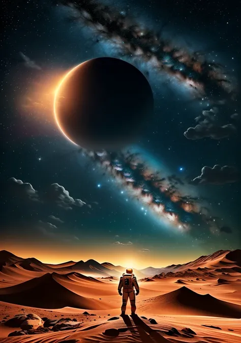 Create a painting of an astronaut on Mars at night, with a backdrop of towering mountains silhouetted against the starry sky. Include intricate details of rocks scattered across the Martian terrain, capturing the serene yet otherworldly beauty of the Red P...