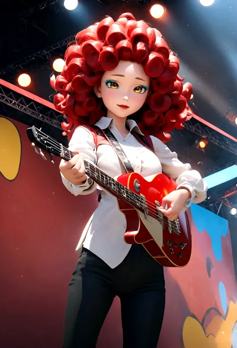 Pixar-style 3D animation, animate, real, 1 girl,30 years old,medium hair,((perm)),wavy hair,red hair,forehead,Voluminous curly hair,seductive smile,Light blue eyeshadow,red eyebrows,yellow eyes,tsurime,narrow eyes,half opend eyes,red lips,Confident express...