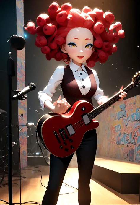 Pixar-style 3D animation, animate, real, 1 girl,30 years old,medium hair,((perm)),wavy hair,red hair,forehead,Voluminous curly hair,seductive smile,Light blue eyeshadow,red eyebrows,yellow eyes,tsurime,narrow eyes,half opend eyes,red lips,Confident express...