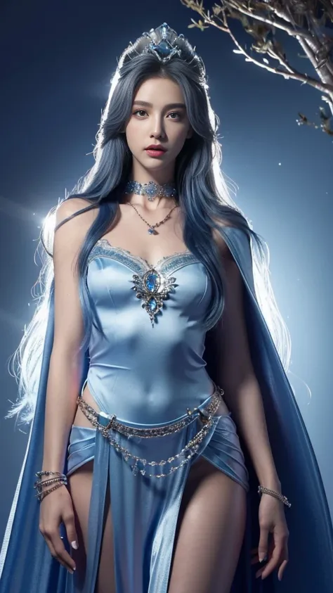 photorealistic, 1girl, ((slim body)), long hair, gradient hair, solo, detailed eyes, jewelry, bracelet, choker, small breasts, looking at viewer, realistic, necklace, (((blue princess))), long skirt, thigh highs, blue cape, sardine, lace, evening, sunlight...