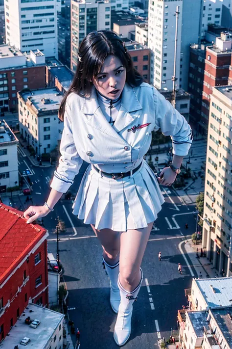 Giant maiden，der riese、Girl taller than the building，from below, round and large eyes、tallgts,giantess，Full body photo，BuildingSeat, white uniform，Big breasts，pencil skirts，，white boots，cleveage of the breast、a miniskirt、Modern miniature buildings、top-qual...