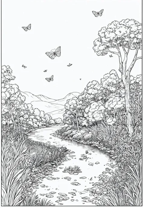 Book page coloring art, All-white background, Use only outlines, line art, coloring book, Clean line art, For coloring Simple and clean line art, coloring book page, perfect symmetric details, Lush Meadow: A wide-open meadow filled with wildflowers of vari...