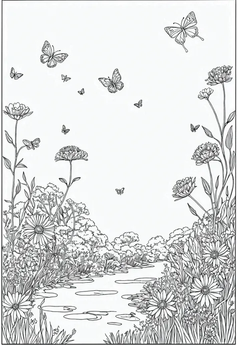 Book page coloring art, All-white background, Use only outlines, line art, coloring book, Clean line art, For coloring Simple and clean line art, coloring book page, perfect symmetric details, Lush Meadow: A wide-open meadow filled with wildflowers of vari...