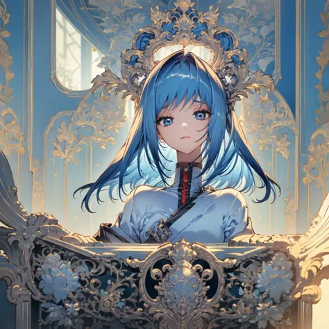 A blue-haired girl giving counseling in a counseling room. She has a sad expression and is smiling. She is looking at herself..