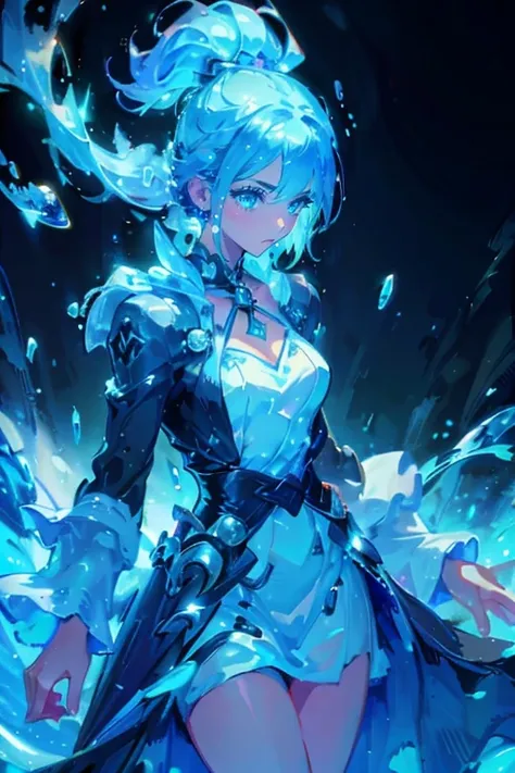 1girl,solo,cute,wizard,robe,cleavage,hold a waterball,blue waterball on each hands,around aqua aura,perfect hands,perfect finger,explosionmagic,glowing aura