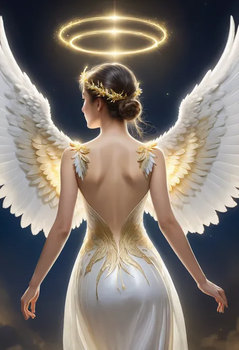 best quality, top quality, masterpiece, highres, detailed, a soaring angel, Wings sprout from her back, Back View, a dazzling halo,